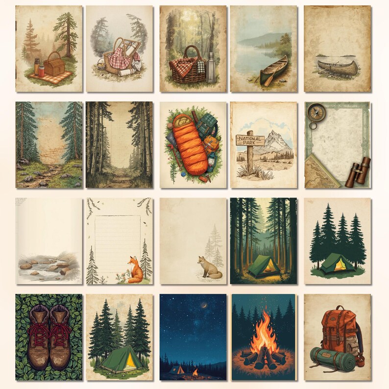 May include: A collection of vintage-style camping and nature-themed illustrations. The images feature scenes of forests, campsites, picnic baskets, a canoe, a sleeping bag, and a campfire. The color palette includes greens, browns, and oranges, with a rustic, aged paper effect.