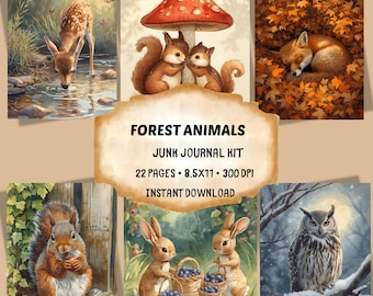 Forest Animals Junk Journal, Woodland Watercolor Animals, Part-1, Cozy Nature Pages, Printable Kit