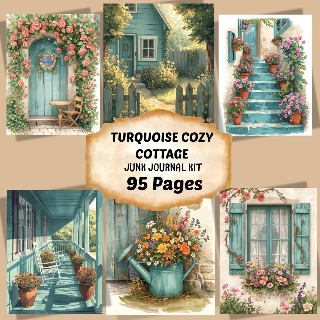 Turquoise Cottage Junk Journal Kit, Floral Vintage Pages, Cozy ...