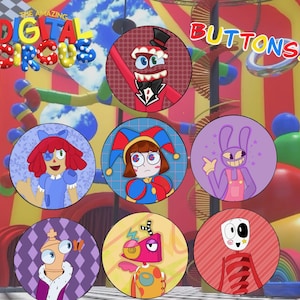 May include: A collection of circular buttons featuring characters from "The Amazing Digital Circus". Each button displays a different character with distinct designs and colours. The background is a vibrant circus scene, with the word "BUTTONS!" visible.