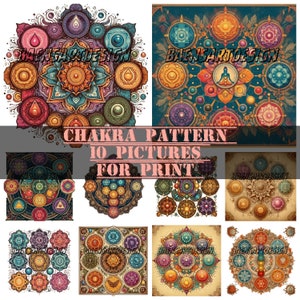 Könnte beinhalten: Zehn farbenfrohe Mandala-Designs mit den sieben Chakren, jedes mit einem einzigartigen Muster und Farbschema. Die Designs sind perfekt zum Drucken und für den Einsatz in Yoga, Meditation oder spirituellen Praktiken.