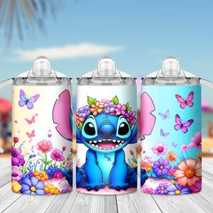 May include: Three stainless steel tumblers with lids and handles. Each tumbler features a different design of a blue cartoon character with a flower crown and pink ears, surrounded by colorful flowers and butterflies. The designs are on a white, light blue, and pink background.