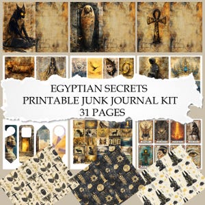 Op de afbeelding: Een printbare junk journal kit met een Egyptisch thema. De kit bevat 31 pagina's met afbeeldingen van hiërogliefen, scarabeeën, ankh-symbolen en andere Egyptische motieven. De kit is perfect om een uniek en gepersonaliseerd journal te maken.