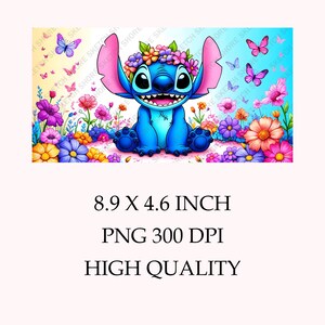 May include: A blue cartoon character with a flower crown sits in a field of colorful flowers. The character has large eyes, a wide smile, and pink ears. The background is a light blue sky with white clouds.
