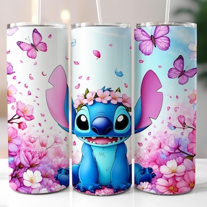 Envoltura para vaso Stitch, diseño de vaso delgado de 20 oz, diseño de vaso Stitch extravagante, descarga digital, lindo vaso con diseño floral Stitch