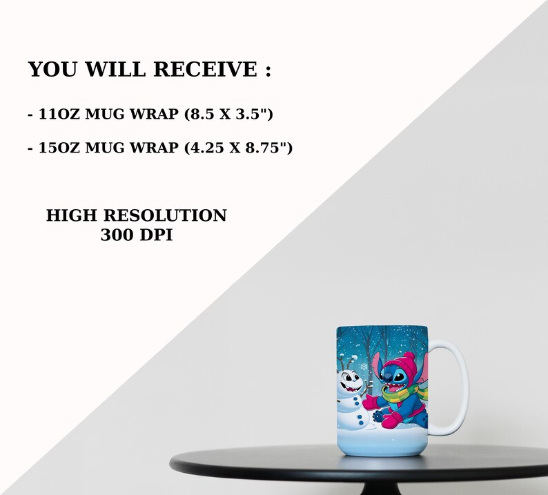 May include: A white ceramic mug with a blue winter scene featuring a cartoon character and a snowman. The mug has a white handle and the text "YOU WILL RECEIVE" and "HIGH RESOLUTION 300 DPI".