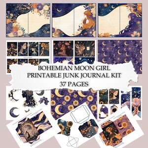 Kit de journal indésirable Boho Moon Girl | Kit de scrapbooking numérique céleste | Phases de lune bohèmes, cartes de tarot mystiques, éphémères, dessins en papier