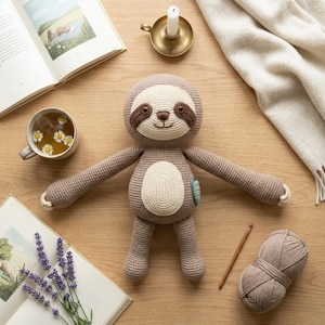 Puede incluir: Una muñeca de perezoso de ganchillo hecha a mano en tonos marrón y crema, con una cara sonriente y los brazos extendidos. El perezoso tiene una barriga color crema y un pequeño parche verde. La imagen también incluye una taza de té, un libro y un ovillo de lana.