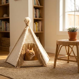 Crochet Cat Teepee Pattern — Boho Pet Bed PDF, Fringe and Pompom, Intermediate, Instant Download