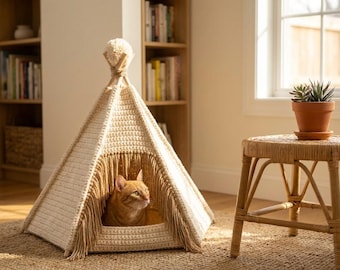 Op de afbeelding: Een beige gehaakte kattentipi met een gefranjerde opening. Een oranje tijgerkat zit in de tipi. De tipi staat op een geweven vloerkleed, met een bijzettafeltje en een plant in een pot op de achtergrond.