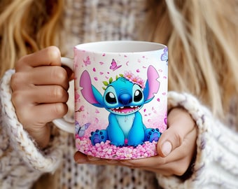 Stitch Mug Wrap Sublimation Template: Floral Cartoon Design (Digital Download)