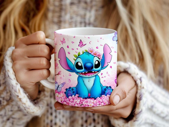 Stitch Mug Wrap Sublimation Template: Floral Cartoon Design (Digital Download)