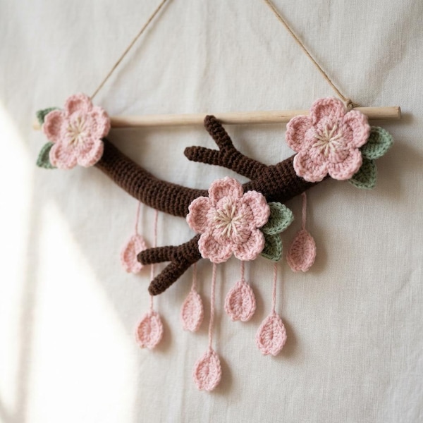 Crochet Sakura Branch Wall Hanging Pattern | Cherry Blossom Botanical Art (PDF Download)