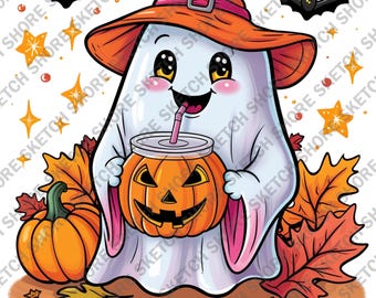 Fantasma de Halloween PNG, bebida de calabaza, diseño de sublimación (descarga digital)