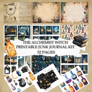 May include: Printable junk journal kit with 32 pages featuring a dark blue and gold color scheme. The kit includes images of potion bottles, books, stars, moons, and other witchy elements. The title "The Alchemist Witch Printable Junk Journal Kit 32 Pages" is displayed in a banner.