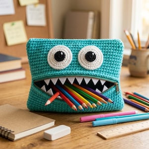 Könnte beinhalten: Ein türkisfarbenes Häkel-Federmäppchen in Form eines Monsters mit großen weißen und schwarzen Augen und einem Reißverschlussmund, der mit farbigen Bleistiften gefüllt ist. Das Etui steht auf einer Holzoberfläche mit anderen Schreibwaren.