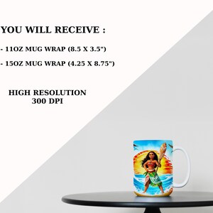 May include: A colorful mug wrap featuring a cartoon character from the movie Moana. The wrap is designed for a 11 oz or 15 oz mug. The image includes a sunset, ocean waves, and a tropical island.