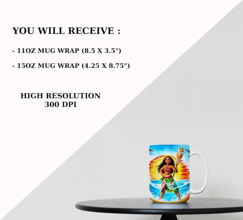 May include: A colorful mug wrap featuring a cartoon character from the movie Moana. The wrap is designed for a 11 oz or 15 oz mug. The image includes a sunset, ocean waves, and a tropical island.