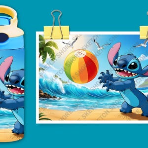 May include: A blue water bottle featuring a cartoon image of Stitch from Lilo & Stitch playing with a beach ball on a beach. The bottle has a blue lid and a yellow top.