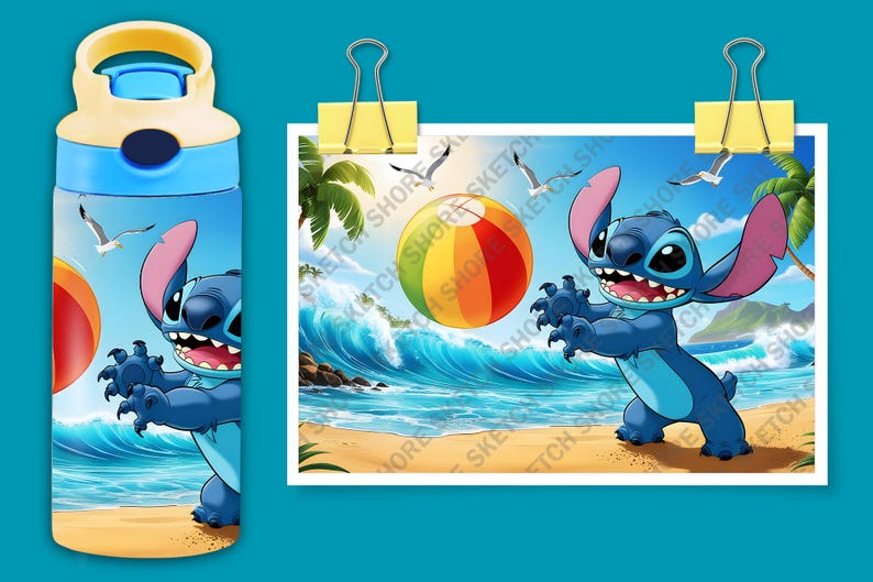 May include: A blue water bottle featuring a cartoon image of Stitch from Lilo & Stitch playing with a beach ball on a beach. The bottle has a blue lid and a yellow top.