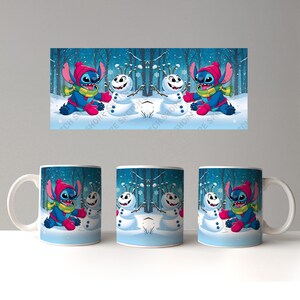 May include: Three white ceramic mugs with a winter-themed design. Each mug features a cartoon character in a red hat and blue outfit, with a snowman and a snowy forest background. The mugs have white handles.