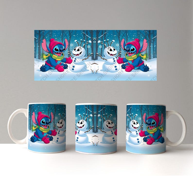 May include: Three white ceramic mugs with a winter-themed design. Each mug features a cartoon character in a red hat and blue outfit, with a snowman and a snowy forest background. The mugs have white handles.