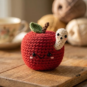 Puede incluir: Una manzana roja tejida a mano con ganchillo, con una hoja verde y un tallo marrón. Un gusano beige tejido con ganchillo sonríe desde la manzana. La manzana tiene ojos negros y mejillas rosas. La manzana está sobre una superficie de madera.