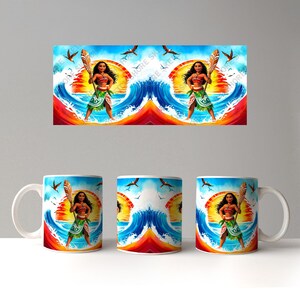 May include: Three white ceramic mugs with a colorful design featuring a cartoon character holding a paddle in front of a sunset and ocean waves.