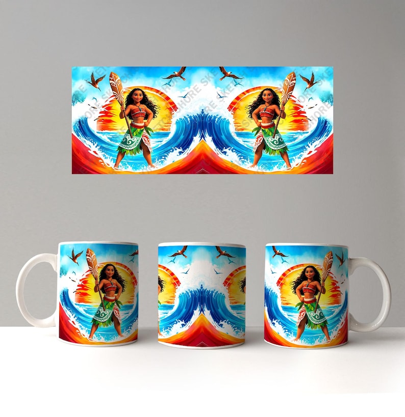 May include: Three white ceramic mugs with a colorful design featuring a cartoon character holding a paddle in front of a sunset and ocean waves.