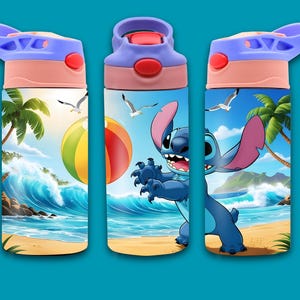 May include: Three blue and purple water bottles featuring a beach scene and Stitch from Lilo & Stitch. The bottles have a flip top lid and a carrying strap.