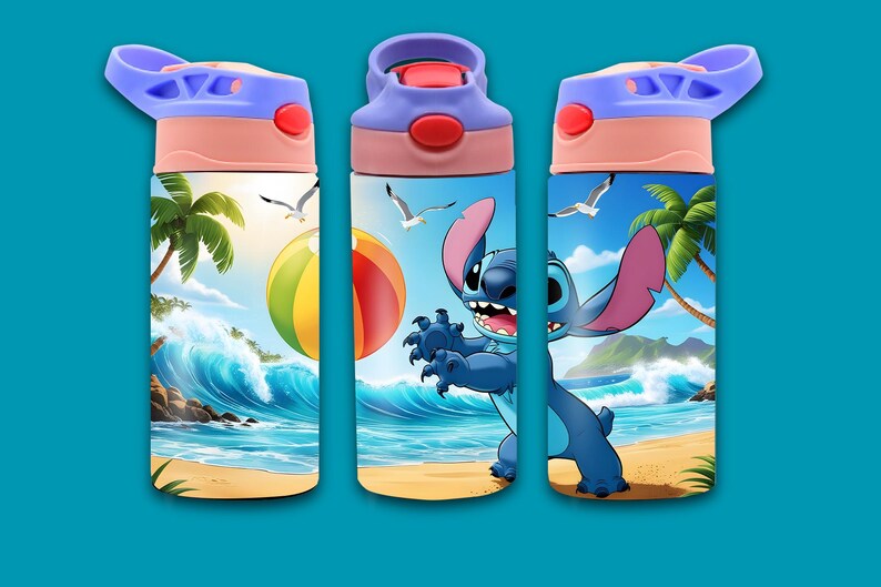 May include: Three blue and purple water bottles featuring a beach scene and Stitch from Lilo & Stitch. The bottles have a flip top lid and a carrying strap.