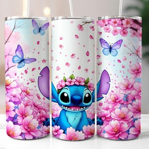 Envoltura para vaso Stitch, diseño de vaso delgado de 20 oz, diseño de vaso Stitch extravagante, descarga digital, lindo vaso con diseño floral Stitch
