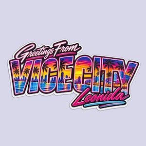 May include: A die-cut sticker featuring the text Greetings From Vice City Leonida in a bold, stylized font. The letters are filled with a vibrant sunset cityscape illustration, including palm trees, buildings, and water in shades of pink, orange, and blue.
