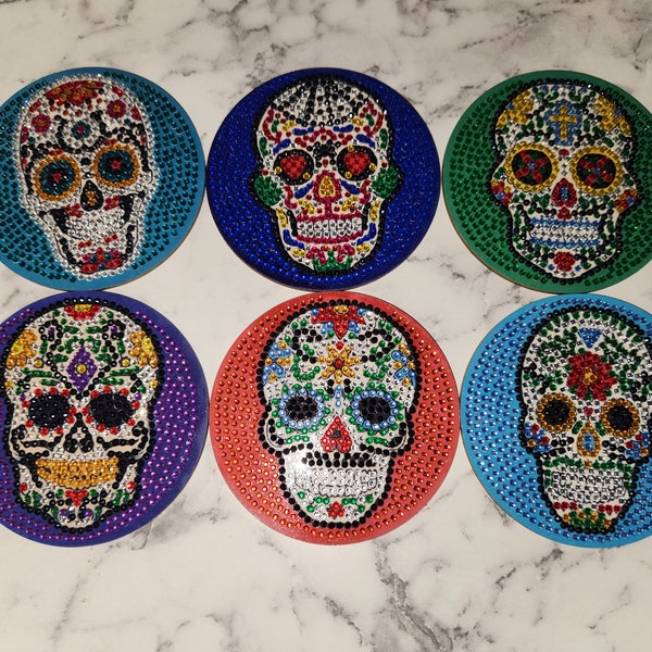 Sugar Skull Diamond Art Coaster - Finished Product. Set of 6 + holder