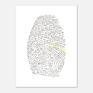 May include: A white print with a fingerprint design made of black script. The text includes phrases like "I praise you for I am fearfully and wonderfully made" and "Psalm 139". A section of text is highlighted in yellow.
