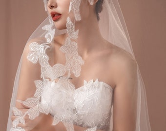 Lace bridal veil ivory for wedding dress, lace trimmed veil for bride 2024 new