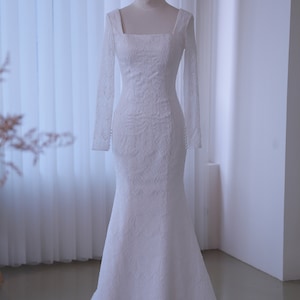 Square neck lace wedding dress with long sleeves, fit mermaid bridal dress with small train wedding gown, lace bridal dress beach wedding