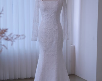 Square neck lace wedding dress with long sleeves, fit mermaid bridal dress with small train wedding gown, lace bridal dress beach wedding
