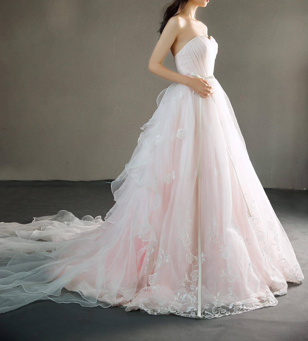 Pearl Pink Strapless Wedding Dress Lace Tulle Bridal Gowns Sweetheart ...