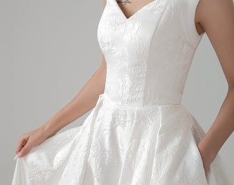Jacquard Ivory embossed satin bridal gown wedding shoulder straps pockets, custom wedding dress, modern dress pre-order natural waist chapel