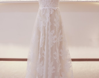 Lace wedding dress A-line halter neckline, backless bridal dress lace bridal gown, vintage inspired wedding gown with chapel train