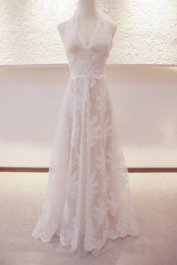 Lace wedding dress A-line halter neckline, backless bridal dress Lace bridal gown, vintage inspired wedding gown with chapel train Lace wedding dress A-line halter neckline, backless bridal dress Lace bridal gown, vintage inspired wedding gown with chapel train