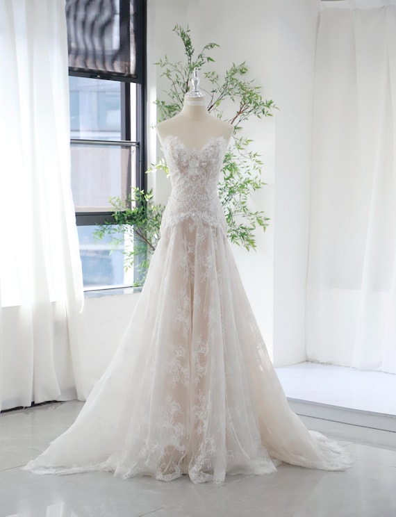blush drop waist wedding dress Blush A-line Wedding Dress: Lace, 3D Flowers & Pearls, Drop Waist, Unique  Design