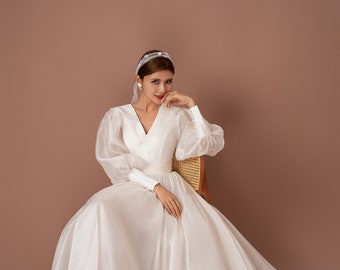 Lace Bishop Sleeve Wedding Dress, Silk Organza Bridal Gown