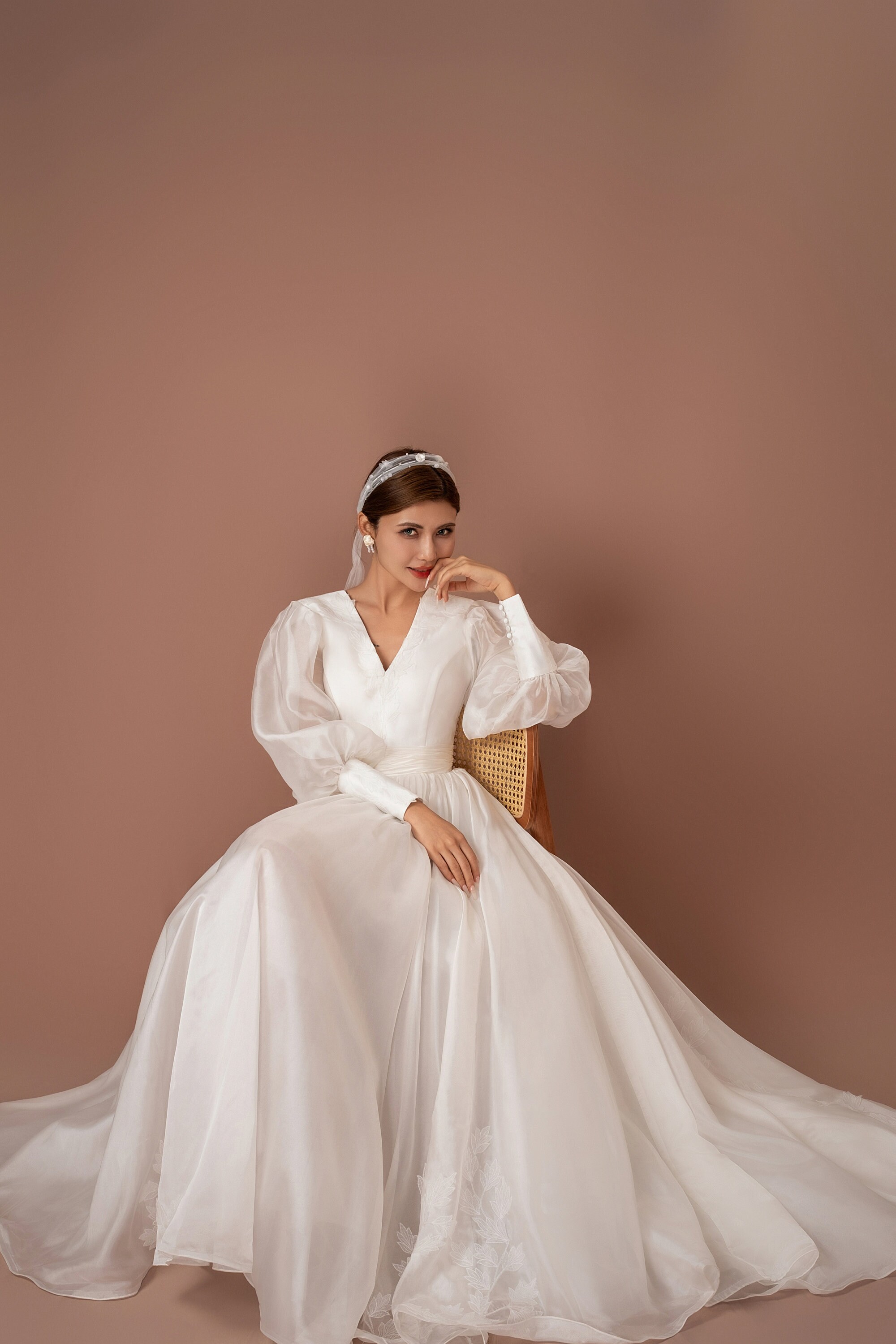 Lace Bishop Sleeve Wedding Dress, Silk Organza Bridal Gown
