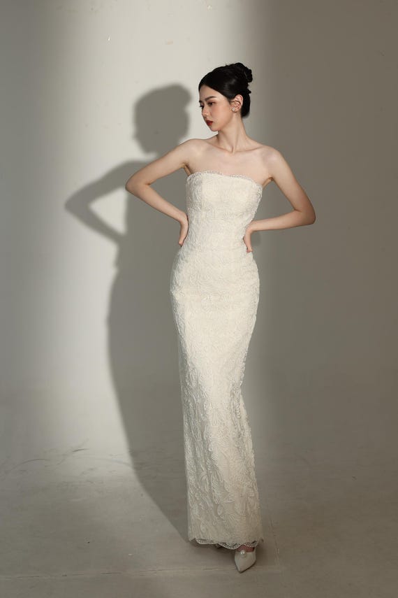 lace pencil skirt wedding dress Glamorous Vintage Pencil Skirt Tiered Wedding Dress with Flower Embroidery 22 / Off White / Tulle / Lace