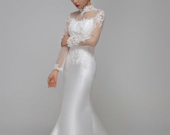 Spitze MIKADO Meerjungfrauen Brautkleid mit langen Ärmeln