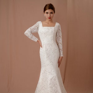 Long sleeves wedding dress square neckline mermaid bridal dress, pearls sequins beading luxurious lace bridal dress fit wedding gown formal