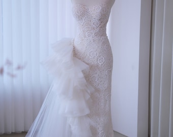 Champagne Ivory Lace Mermaid Bridal Dress, Strapless Sweetheart, Beaded Split Skirt