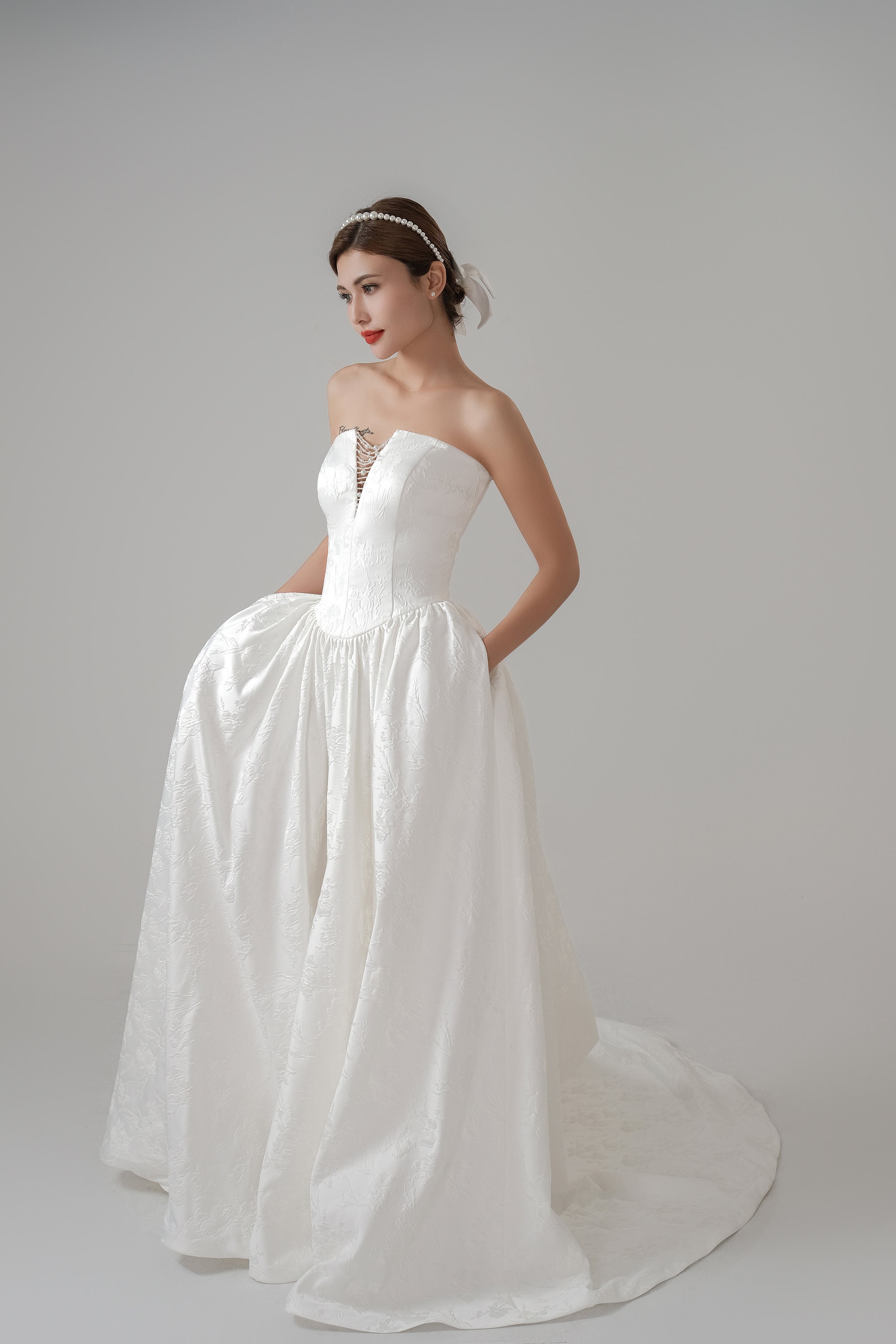 Wedding Dress Pearl Embellished Neckline Satin Bridal Gown main image 1